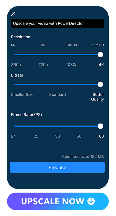 PowerDirector's export UI, which you can adjust resolution, bitrate and frame rate